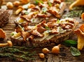 Open faced sandwich, mushroom sandwich with sourdough bread with addition of chanterelle mushrooms, creamy goat cheese and fresh