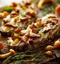 Open faced sandwich, mushroom sandwich with sourdough bread with addition of chanterelle mushrooms, creamy goat cheese and fresh