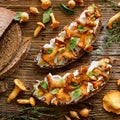 Open faced sandwich, mushroom sandwich with sourdough bread with addition of chanterelle mushrooms, creamy goat cheese and fresh