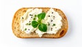 Open- Faced Sandwich with Cream Cheese and Greens on Rustic Bread Slice White Background Royalty Free Stock Photo