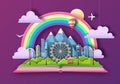 Open fairy tale book with city landscape, ferris wheel and mountains. Cut out paper art style design Royalty Free Stock Photo