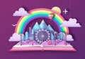 Open fairy tale book with city landscape, ferris wheel and mountains. Cut out paper art style design Royalty Free Stock Photo