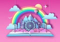 Open fairy tale book with city landscape, ferris wheel and mountains. Cut out paper art style design Royalty Free Stock Photo