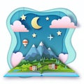 Open fairy tale book with countryside mountains landscape. Cut out paper art style design Royalty Free Stock Photo