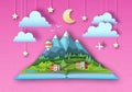 Open fairy tale book with countryside mountains landscape. Cut out paper art style design Royalty Free Stock Photo