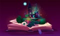 Open fairytale book with magic spooky witch house