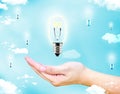 Open female hand with floating glowing lightbulb with blue sky a