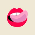 Open female human mouth with tongue, teeth in modern flat, line style. Hand drawn vector illustration of lips, open mouth, sexy Royalty Free Stock Photo