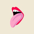 Open female human mouth with tongue, teeth in modern flat, line style. Hand drawn vector illustration of lips, open mouth sticking Royalty Free Stock Photo