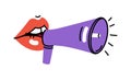 Open female mouth shouts into a megaphone. Feminist glamour lips. Women`s support and solidarity. The concept of the Women`s