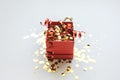 Open festive box with tinsel Royalty Free Stock Photo