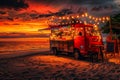 Open Festive Food Truck on Beach, Beach Party Night bar with Light Bulbs on Sunset Background Royalty Free Stock Photo