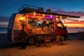 Open Festive Food Truck on Beach, Beach Party Night bar with Light Bulbs, Generative AI Illustration Royalty Free Stock Photo