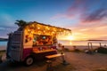 Open Festive Food Truck on Beach, Beach Party Night bar with Light Bulbs, Generative AI Illustration Royalty Free Stock Photo