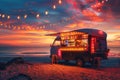 Open Festive Food Truck on Beach, Beach Party Night bar with Light Bulbs on Sunset Background Royalty Free Stock Photo