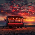 Open Festive Food Truck on Beach, Beach Party Night bar with Light Bulbs on Sunset Background Royalty Free Stock Photo