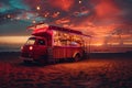 Open Festive Food Truck on Beach, Beach Party Night bar with Light Bulbs on Sunset Background Royalty Free Stock Photo