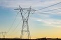 Open field dotted with power poles and crisscrossed with power lines