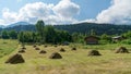 An open field of farm with piles of straw and a tractor in Artvin, Turkey Royalty Free Stock Photo