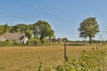 a house in a field with power lines and trees Royalty Free Stock Photo