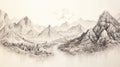 Dreamy Ink Drawing Of A Mountain Landscape With Surrealistic Elements