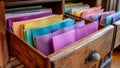 An open file cabinet drawer containing a variety of colored folders containing paperwork Royalty Free Stock Photo