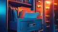 Open file cabinet drawer with documents under neon lights