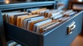 Open file cabinet drawer filled with organized documents. Royalty Free Stock Photo