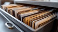 Open file cabinet drawer with organized office documents. Royalty Free Stock Photo