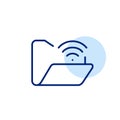 Open file folder and wifi. Wireless file sharing, remote access to digital repository. Cloud synching. Vector icon