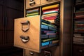 Open filing cabinet with documents and folders in it. 3d rendering, Filing Cabinet, AI Generated