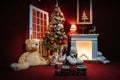 Open fireplace with Christmas tree, gifts underneath, big teddy bear, dark red, nice, warm lighting Royalty Free Stock Photo