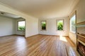 Open floor plan empty living room with polished hardwood floor. Royalty Free Stock Photo