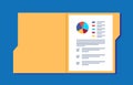 Open folder and documents, statistical data with charts, diagrams. Workplace documents for financial statistics, reporting,