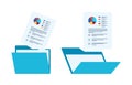 Open folder and documents, statistical data with charts, diagrams. Workplace documents for financial statistics, reporting,
