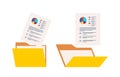 Open folder and documents, statistical data with charts, diagrams. Workplace documents for financial statistics, reporting,
