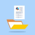 Open folder and documents, statistical data with charts, diagrams. Workplace documents for financial statistics, reporting,