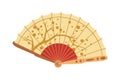 Open folding hand fan with Japanese ornament. Asian bending paper item for air cooling. Traditional oriental handheld