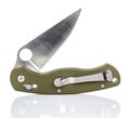 Open folding pocket knife with matte blade and textured dark green composite plastic cover plates on steel handle isolated on Royalty Free Stock Photo