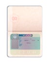 Open foreign passport with European Union visa realistic dummy template on white