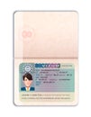 Open foreign passport with European Union visa realistic dummy on white