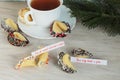 Open fortune cookie happy new year and tea Royalty Free Stock Photo