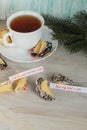 Open fortune cookie happy new year and tea Royalty Free Stock Photo