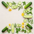 An open frame effect with the cucumbers and greenery forming a border Royalty Free Stock Photo
