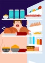 Open fridge and fat man Inside view. lot of food. Refrigerator f Royalty Free Stock Photo