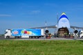 open front gate of an antonov an 124-100 at the airport of linz hoersching