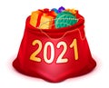 Open full red bag of santa claus with gifts for 2021 Christmas and new year