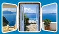 The open gate and stairs, leading to sea. set from views in Oia, Santorini, Greece Royalty Free Stock Photo