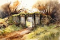 Open gate in stone wall. Illustration, watercolor