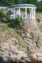 Open gazebo on the shore of the island Khortitsa